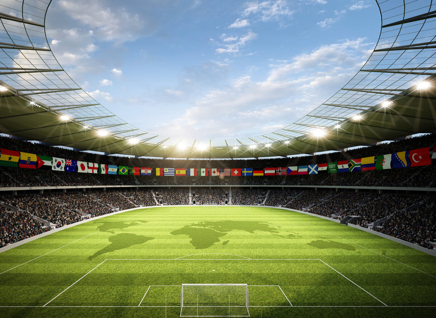 Modernes Fußballstadion mit Weltkarte auf dem Rasen und Flaggen aller Nationen